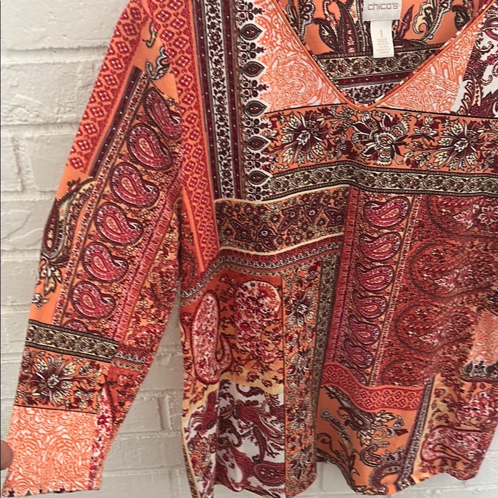 Chico's Women's Red and Orange Patchwork Blouse - Picture 4 of 12